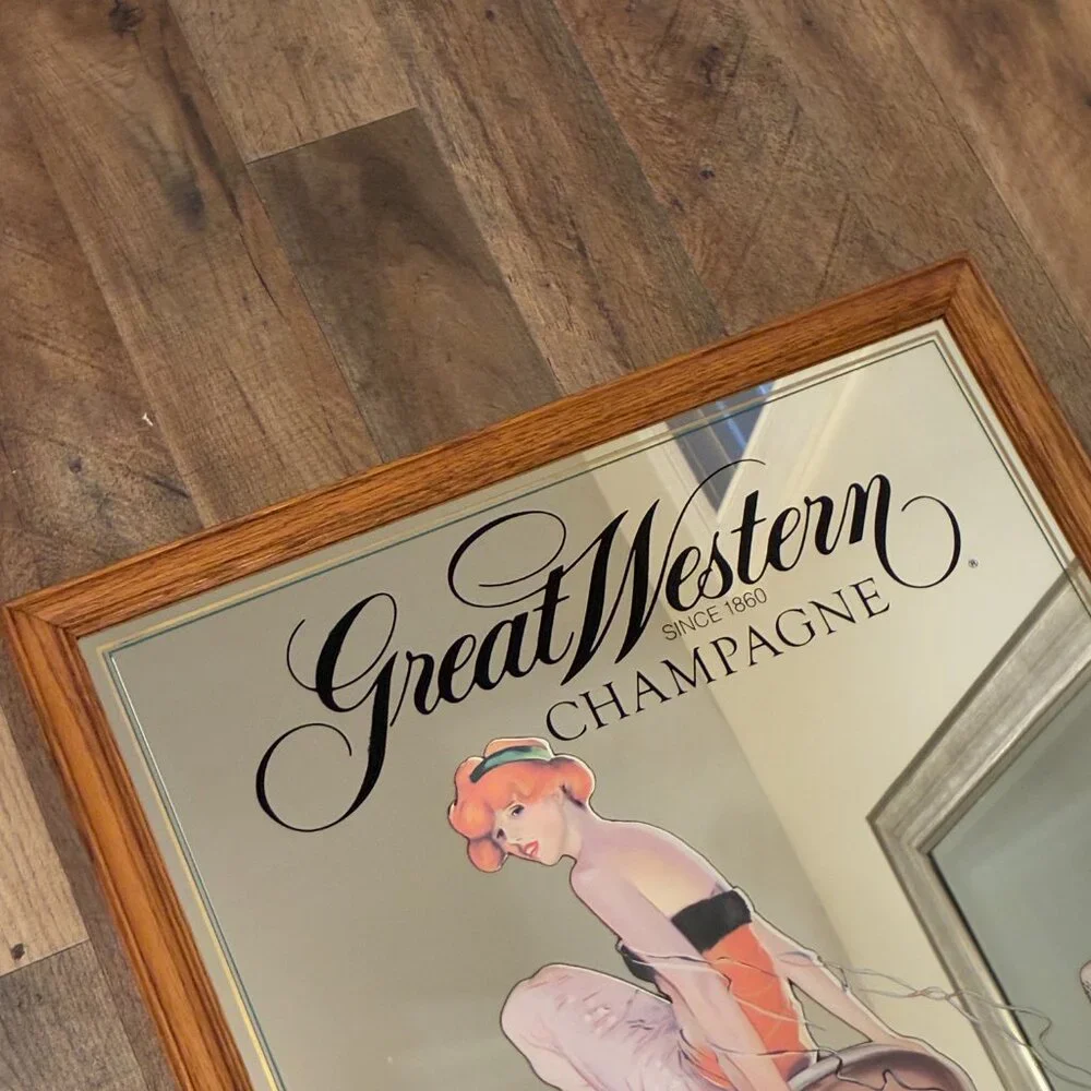 Vintage Bar Mirror Great Western Champagne Art Deco Pinup Hammondsport NY Winery